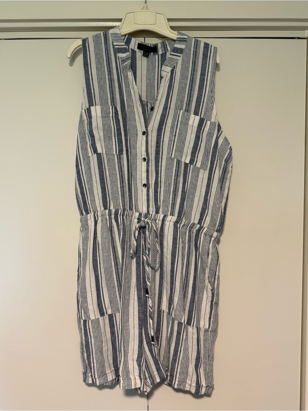 Sleeveless Striped Drawstring Romper in Blue & White